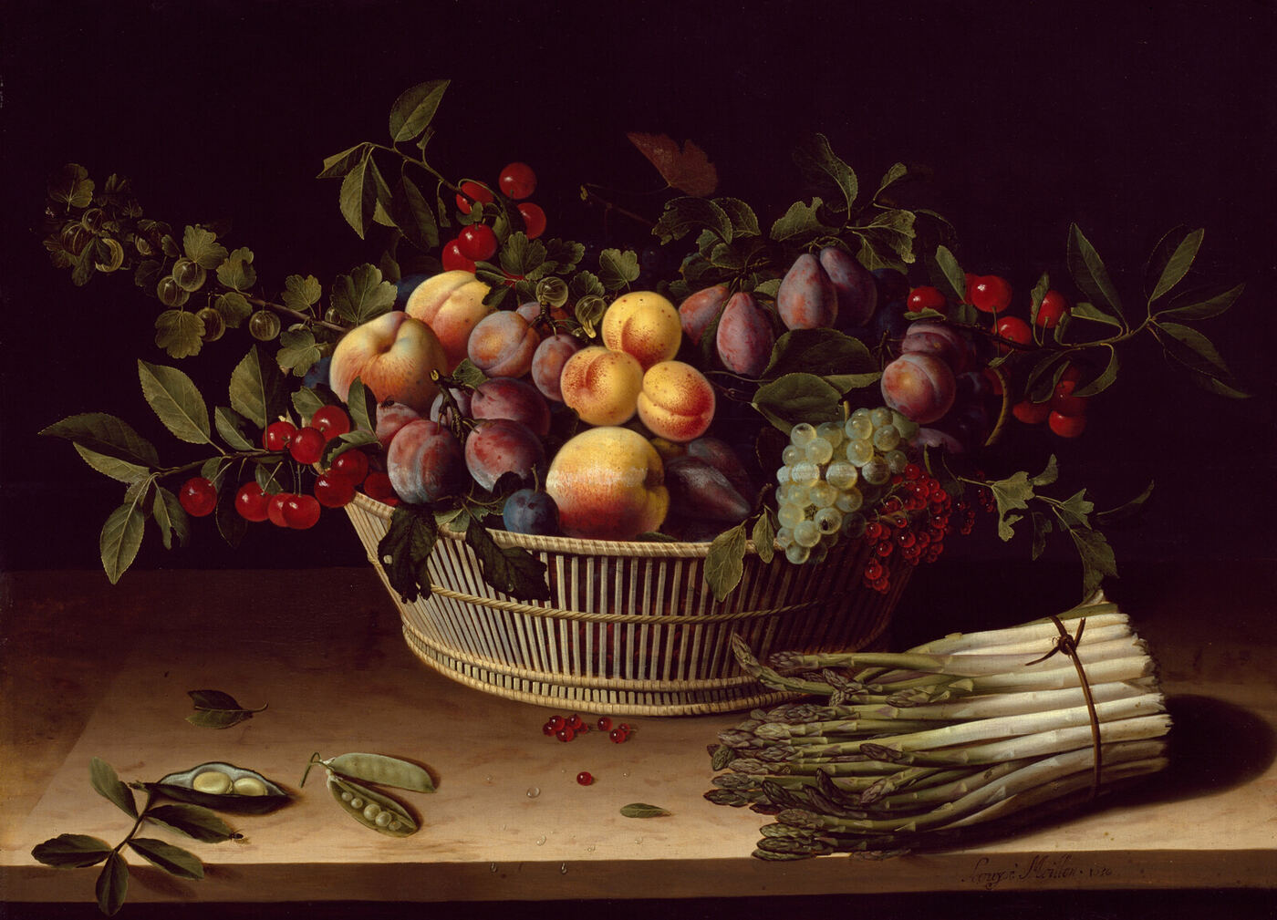 Painting of a wicker basket overflowing with peaches, plums and cherries, with a bunch of asparagus beside it