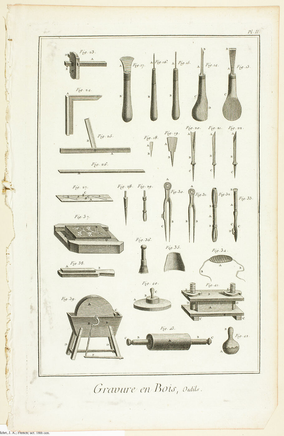 Engraved plate of an engraver's tools: gouges, burins, a press and a roller