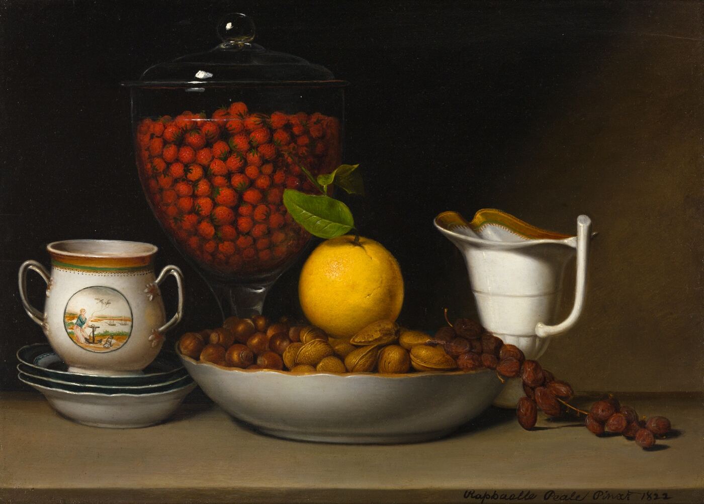 Painting of a glass jar of strawberries, an orange and a bowl of nuts