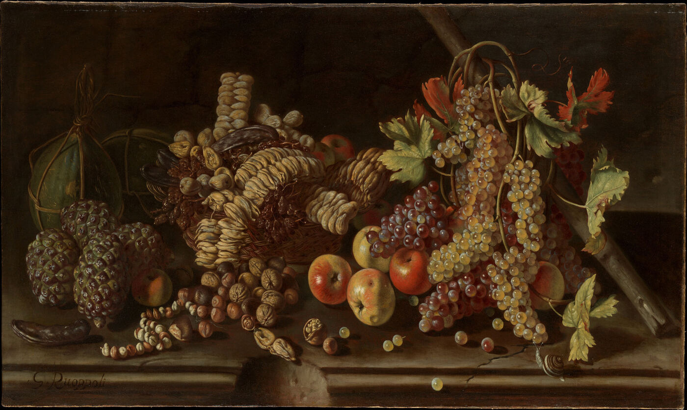 Painting of grapes, apples, figs and nuts heaped on a stone ledge