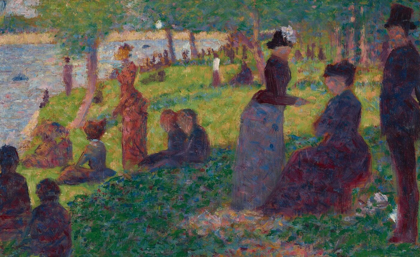 Seurat's loose oil sketch of people resting on a riverbank, made before his finished painting